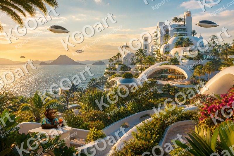 Golden-hour view of a white, garden-filled coastal city on a bay, with DJ Seldon on a terrace
